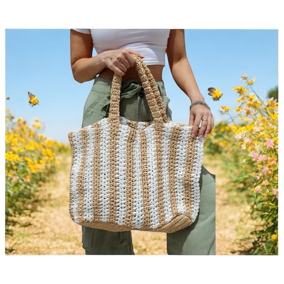 Ken Liston Lunden & Olivia Striped Tan and White Tote Bag - Picture 1 of 16